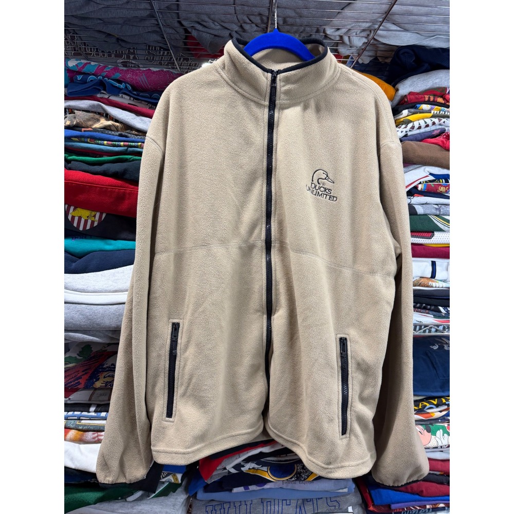 Ducks Unlimited Mens XL Full Zip Fleece Jacket Tan Khaki Outdoor Conservation